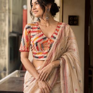 Multicolour Cotton Blouse with Chevron Print & Red Piping