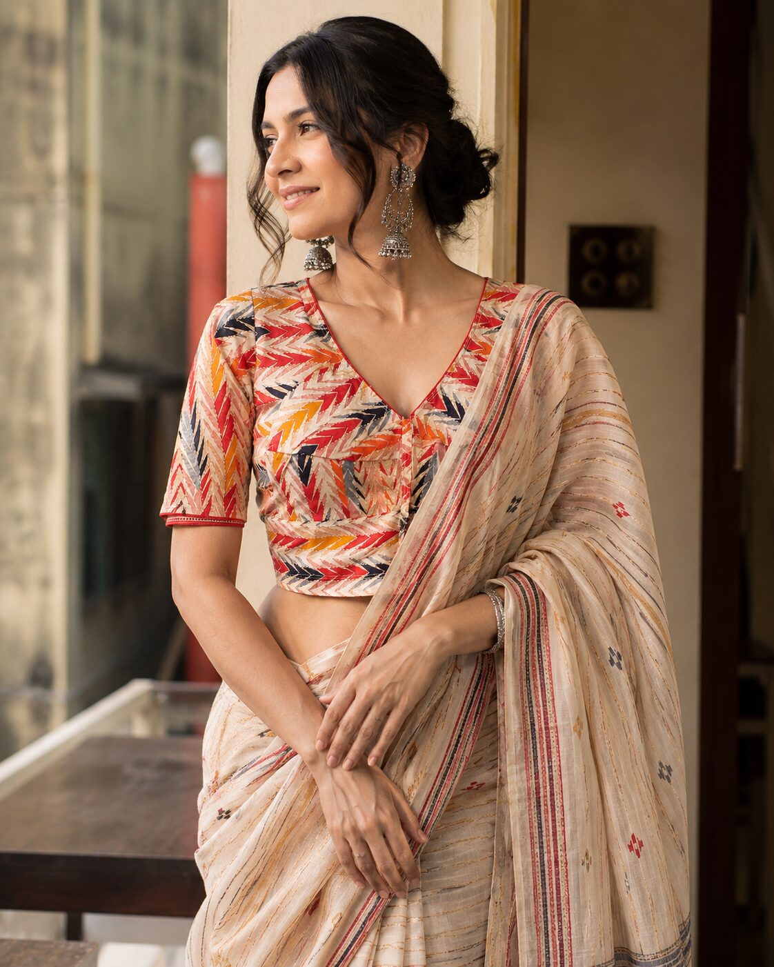 Multicolour Cotton Blouse with Chevron Print & Red Piping