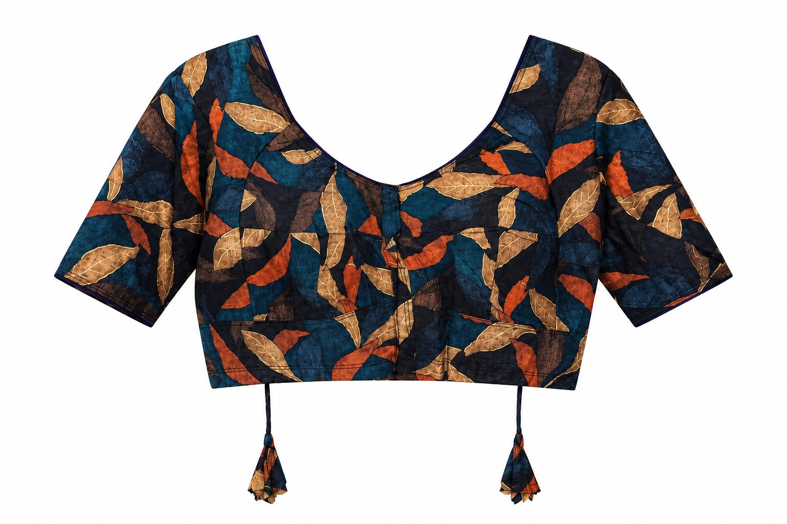 Navy Cotton Printed Blouse with Leaf Motifs & Tassel Ties - Image 6