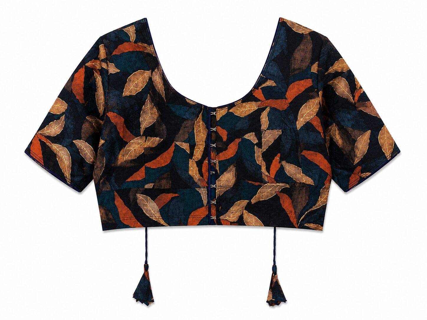 Navy Cotton Printed Blouse with Leaf Motifs & Tassel Ties - Image 5