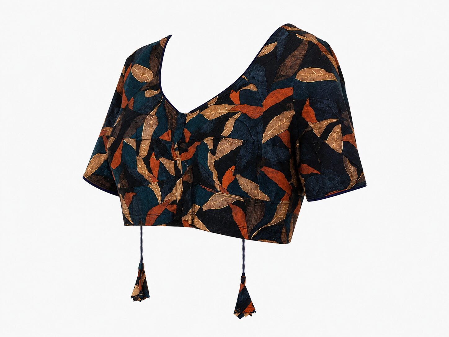 Navy Cotton Printed Blouse with Leaf Motifs & Tassel Ties - Image 4