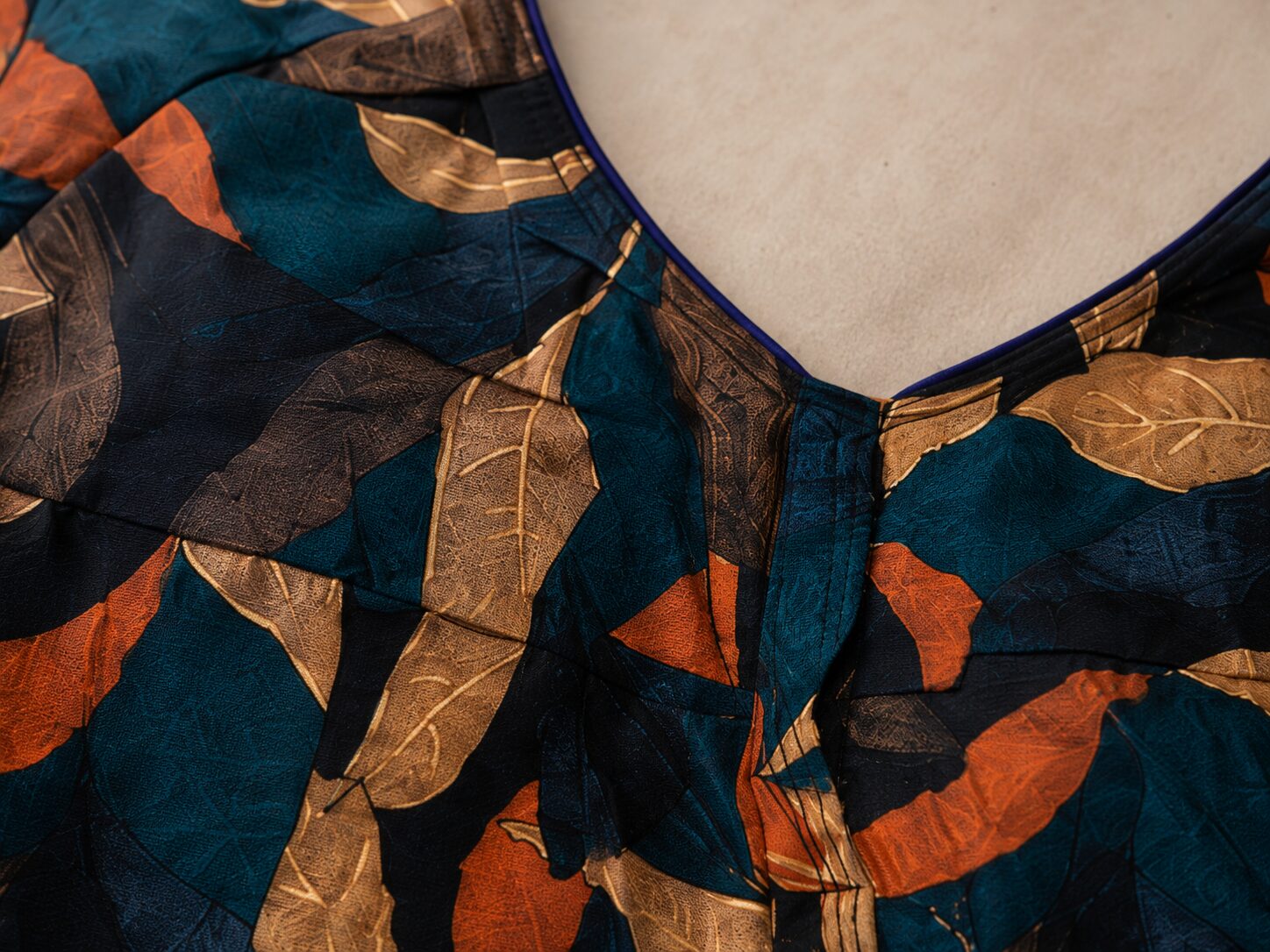 Navy Cotton Printed Blouse with Leaf Motifs & Tassel Ties - Image 3