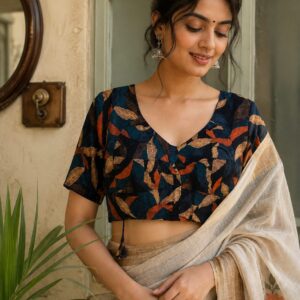 Navy Cotton Printed Blouse with Leaf Motifs & Tassel Ties