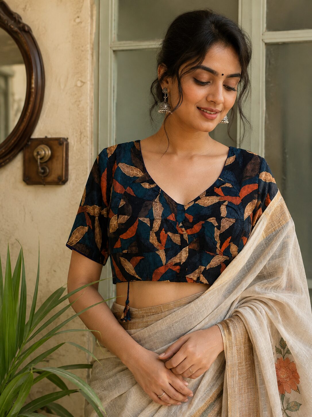 Navy Cotton Printed Blouse with Leaf Motifs & Tassel Ties