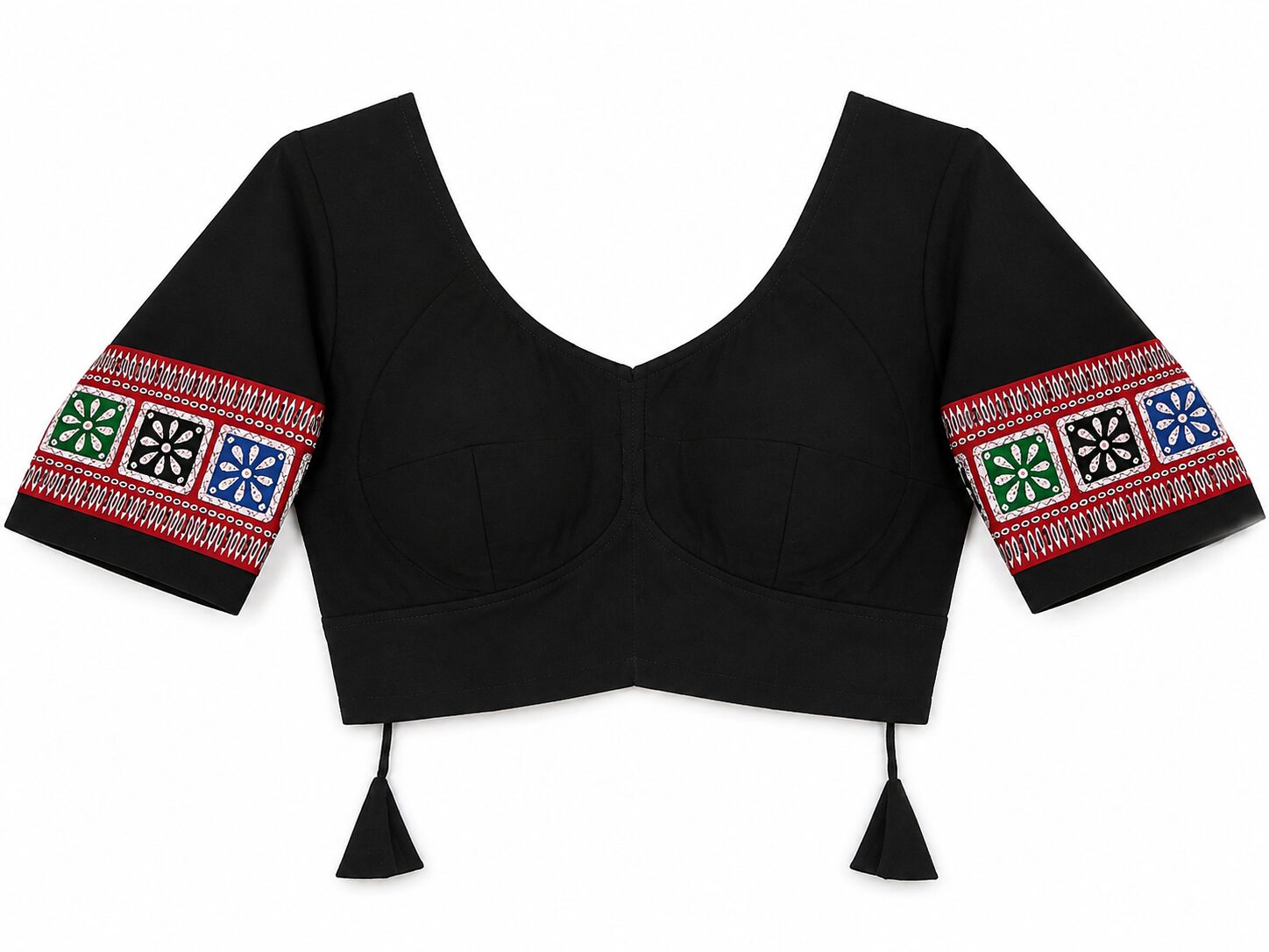 Black Cotton Blouse with Colourful Printed Sleeve Border - Image 6