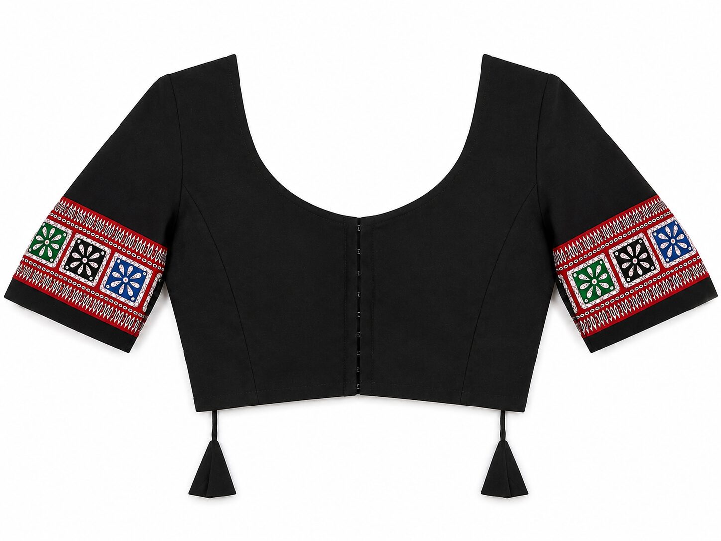 Black Cotton Blouse with Colourful Printed Sleeve Border - Image 5