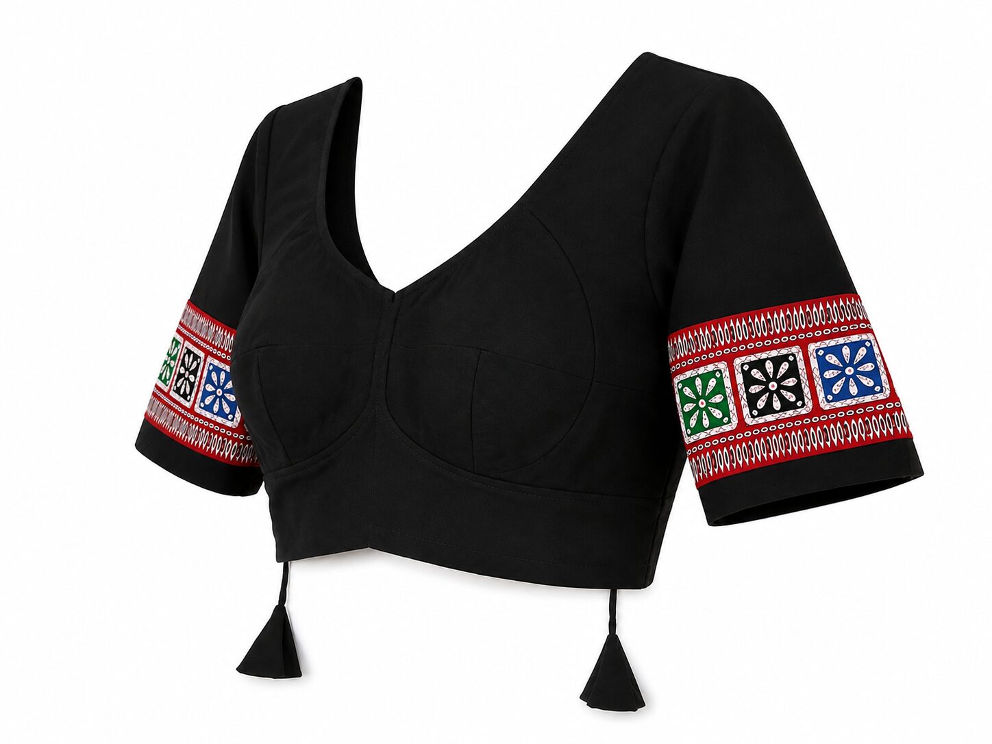Black Cotton Blouse with Colourful Printed Sleeve Border - Image 4