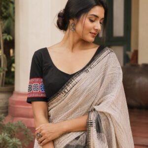 Black Cotton Blouse with Colourful Printed Sleeve Border