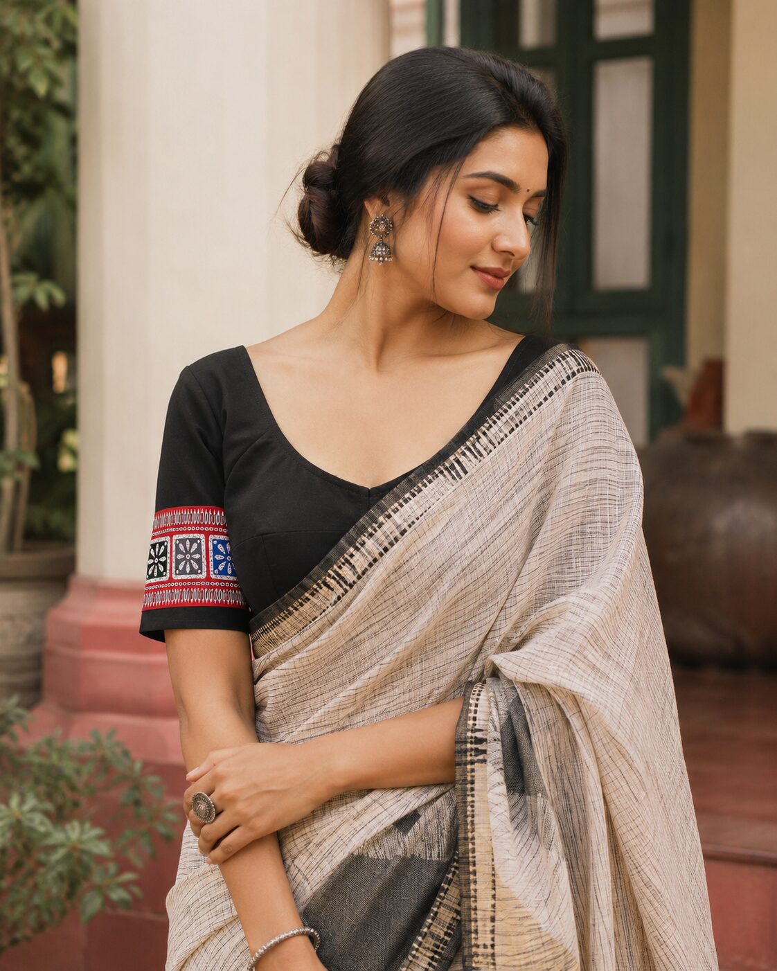 Black Cotton Blouse with Colourful Printed Sleeve Border