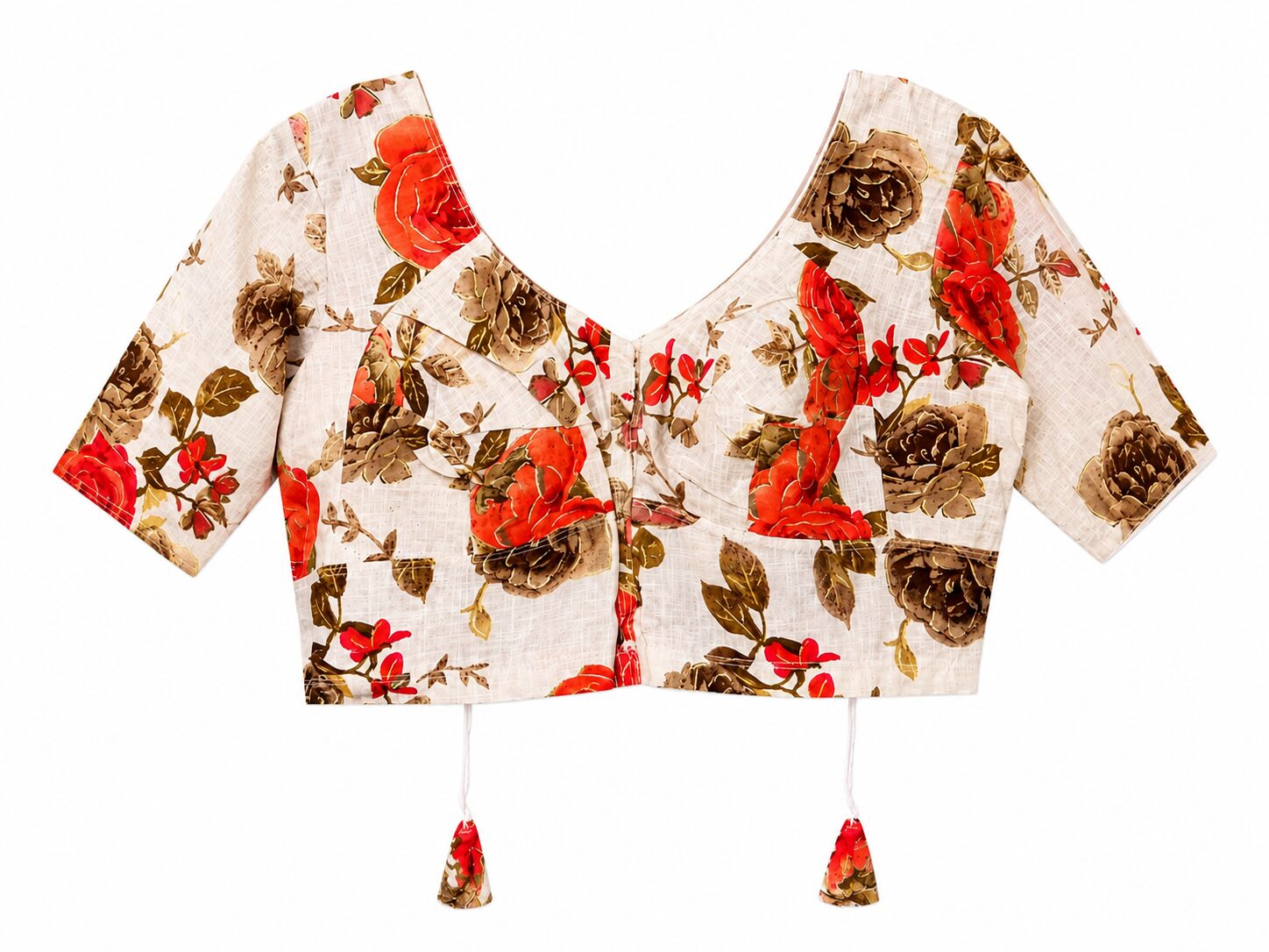 Cream Cotton Floral Printed Blouse with Tassel Details - Image 6