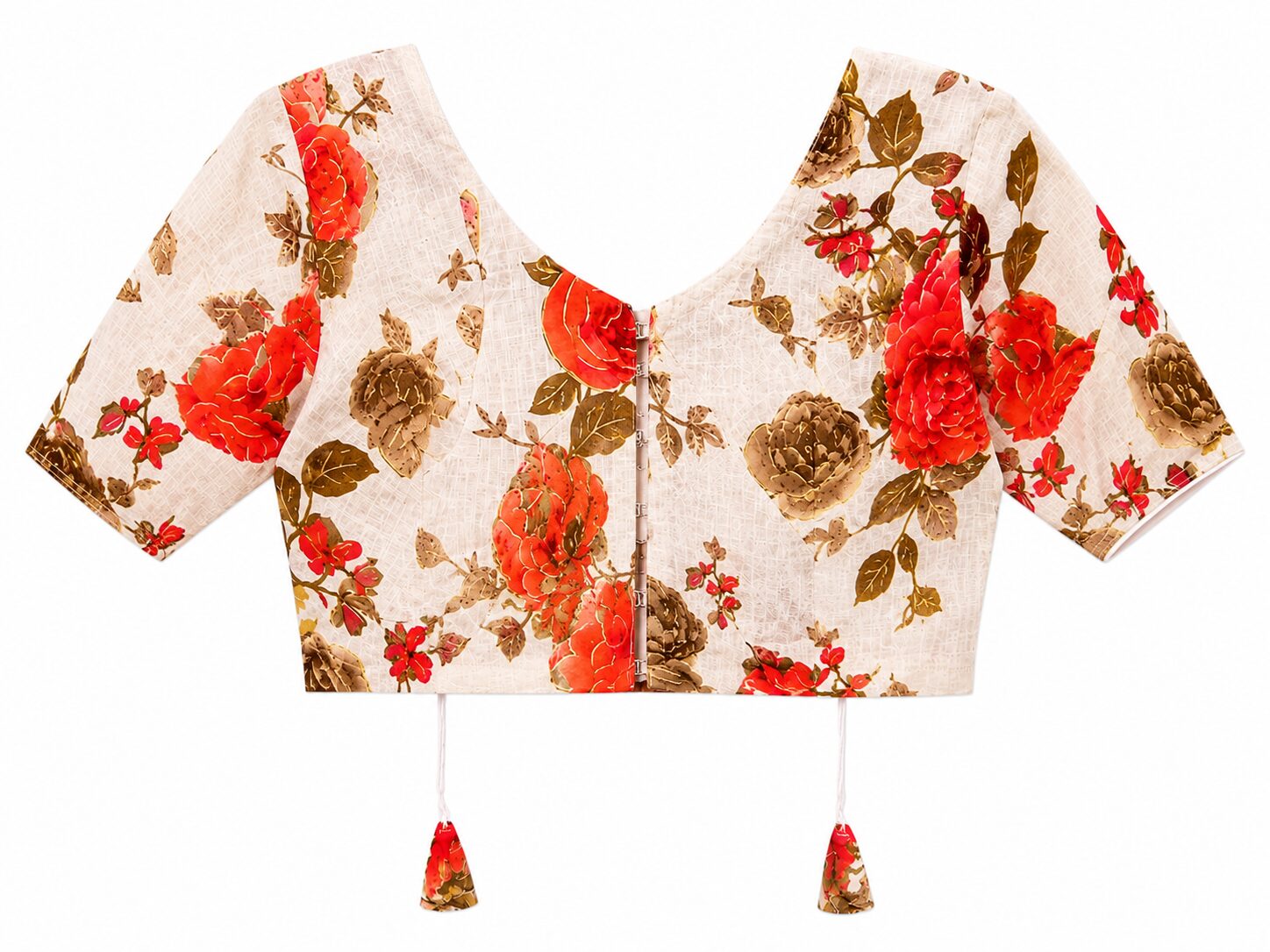 Cream Cotton Floral Printed Blouse with Tassel Details - Image 5