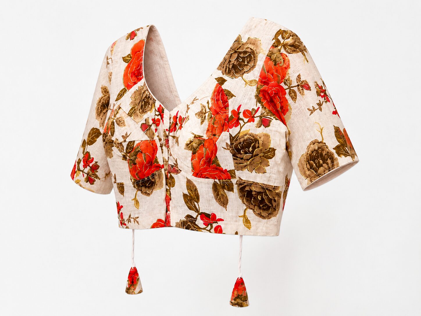 Cream Cotton Floral Printed Blouse with Tassel Details - Image 4