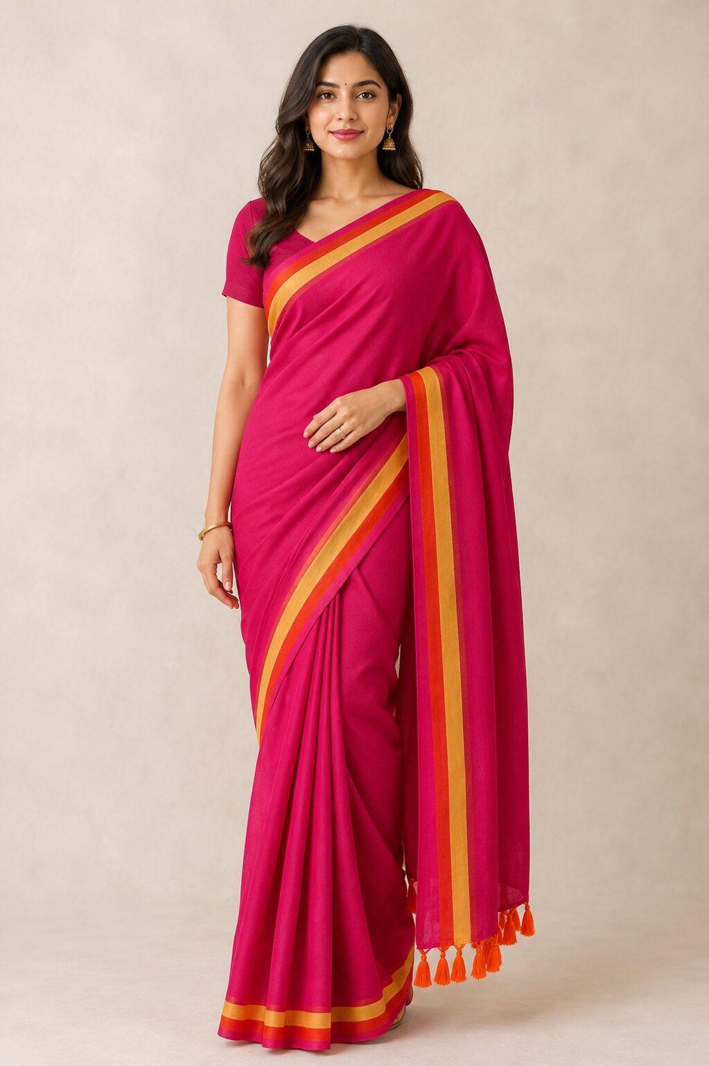 Magenta Mul Cotton Saree with Buti Motifs & Tassel Pallu - Image 6