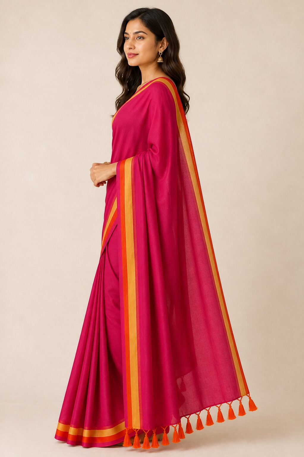 Magenta Mul Cotton Saree with Buti Motifs & Tassel Pallu - Image 5