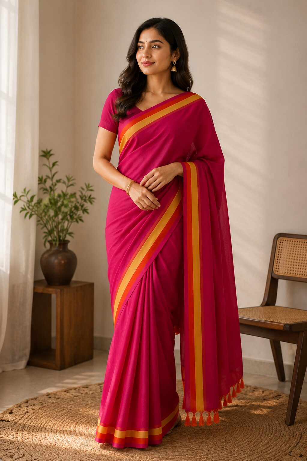 Magenta Mul Cotton Saree with Buti Motifs & Tassel Pallu