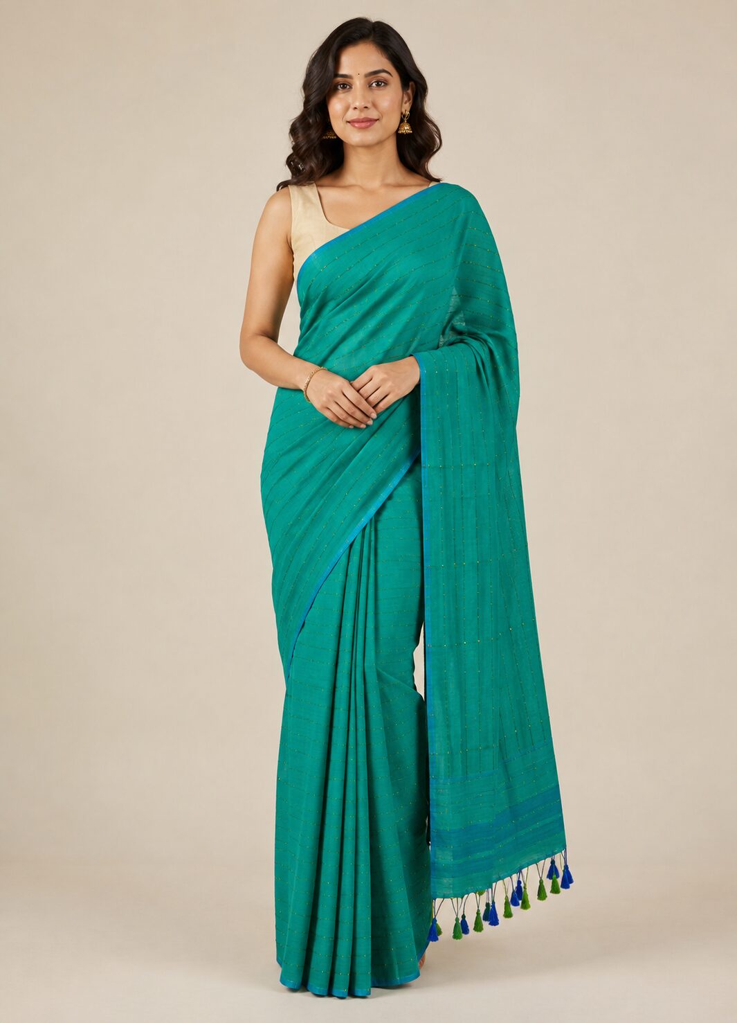 Teal Mul Cotton Saree with Dotted Lines & Tassel Pallu - Image 6