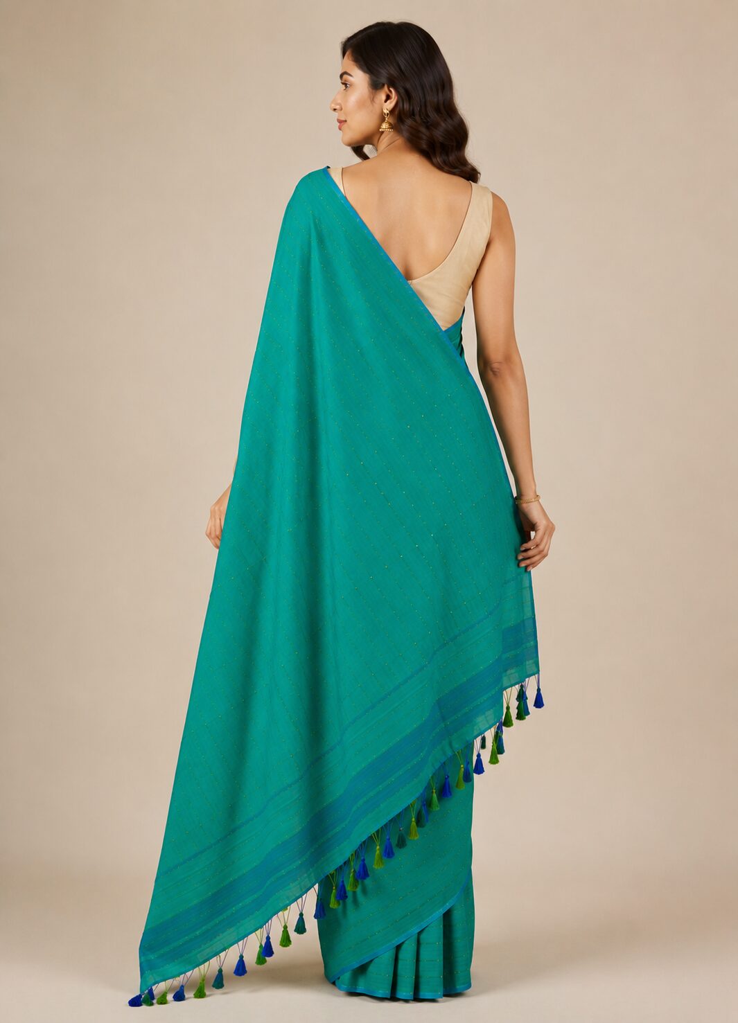 Teal Mul Cotton Saree with Dotted Lines & Tassel Pallu - Image 5