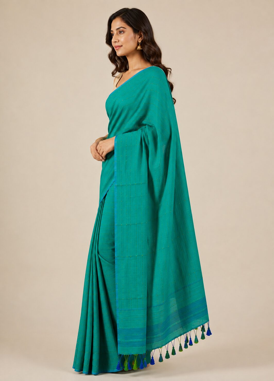 Teal Mul Cotton Saree with Dotted Lines & Tassel Pallu - Image 4