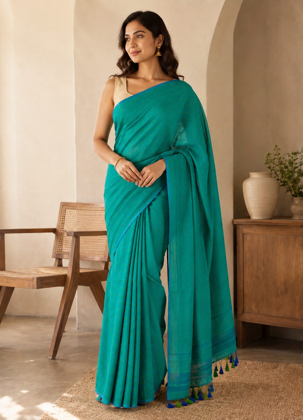 Teal Mul Cotton Saree with Dotted Lines & Tassel Pallu