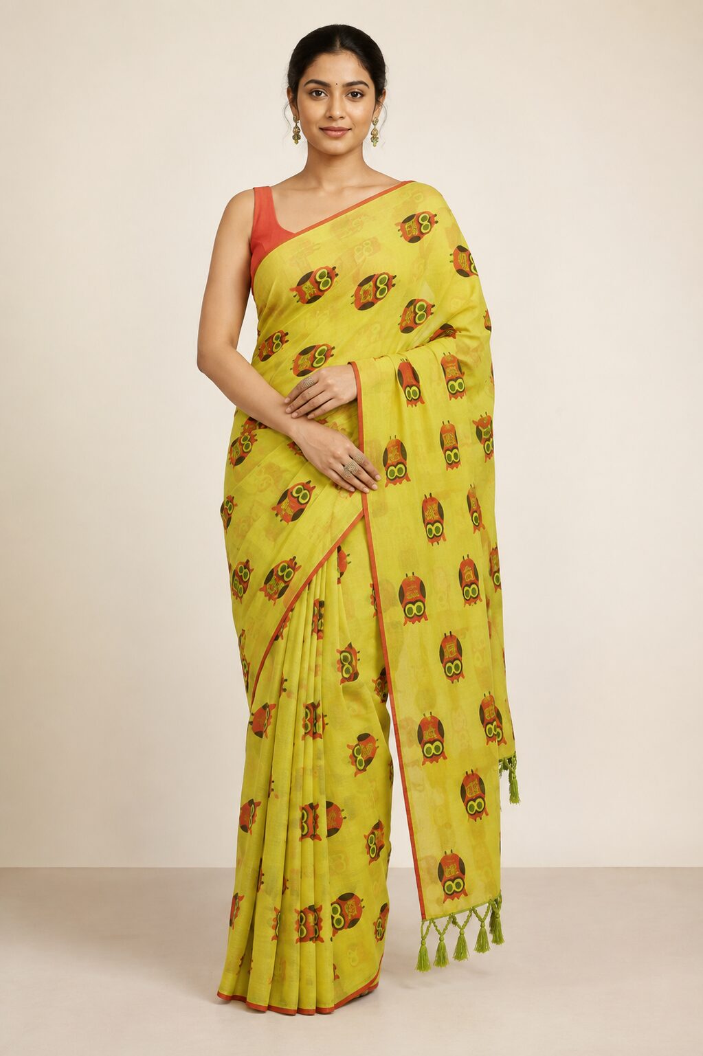 Yellow Green Mul Cotton Saree with Owl Motifs & Tassel Pallu - Image 6
