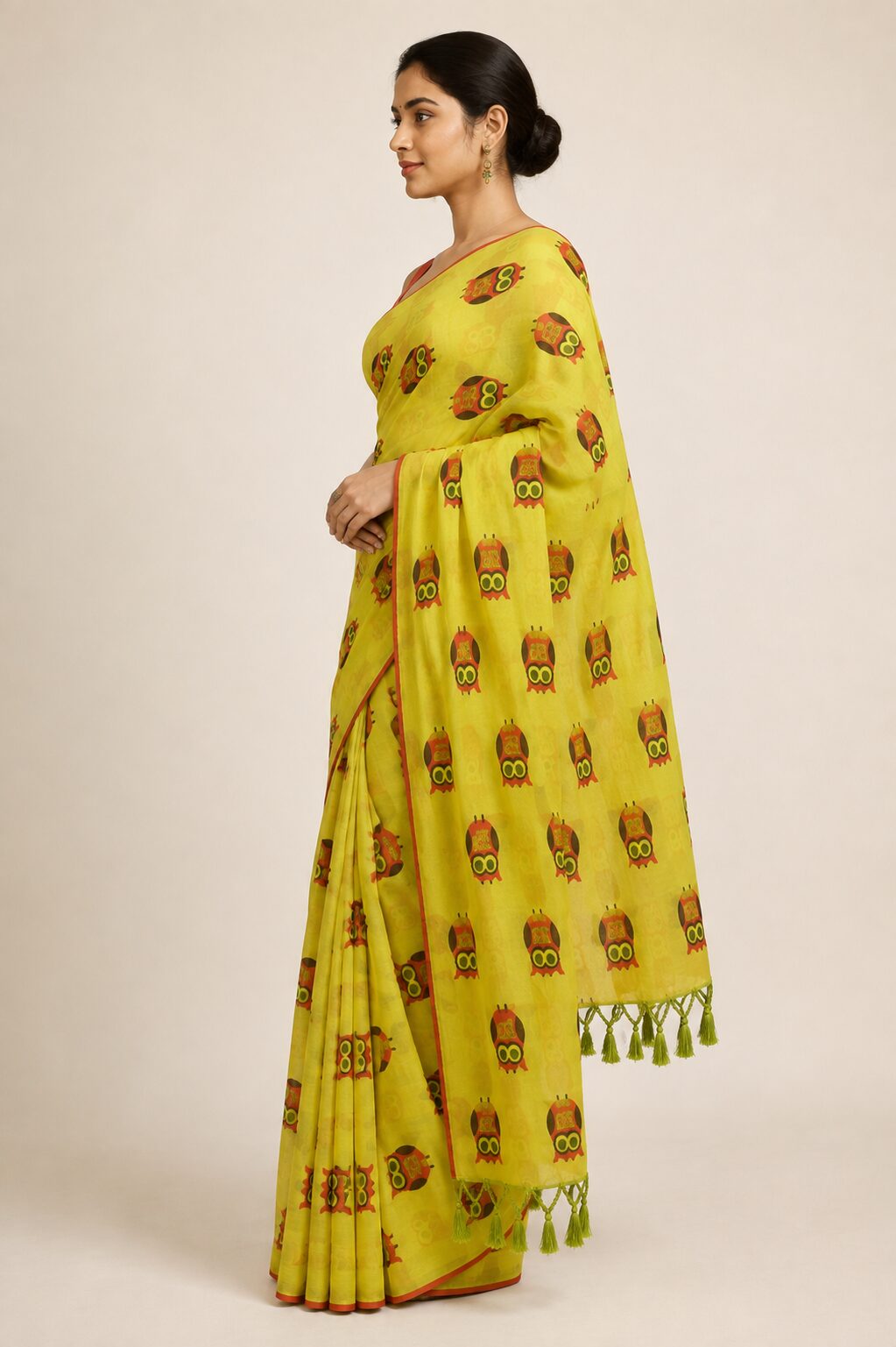 Yellow Green Mul Cotton Saree with Owl Motifs & Tassel Pallu - Image 5