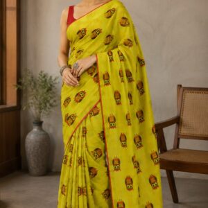 Yellow Green Mul Cotton Saree with Owl Motifs & Tassel Pallu