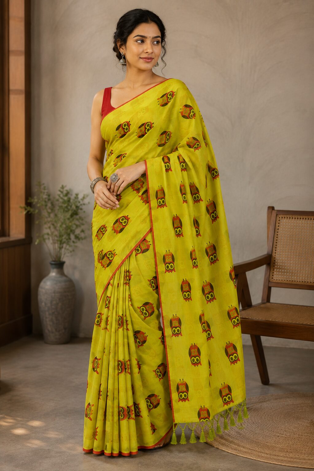 Yellow Green Mul Cotton Saree with Owl Motifs & Tassel Pallu