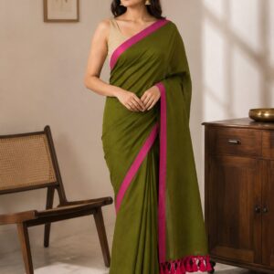 Olive Green Mul Cotton Saree with Magenta Border & Tassel Pallu