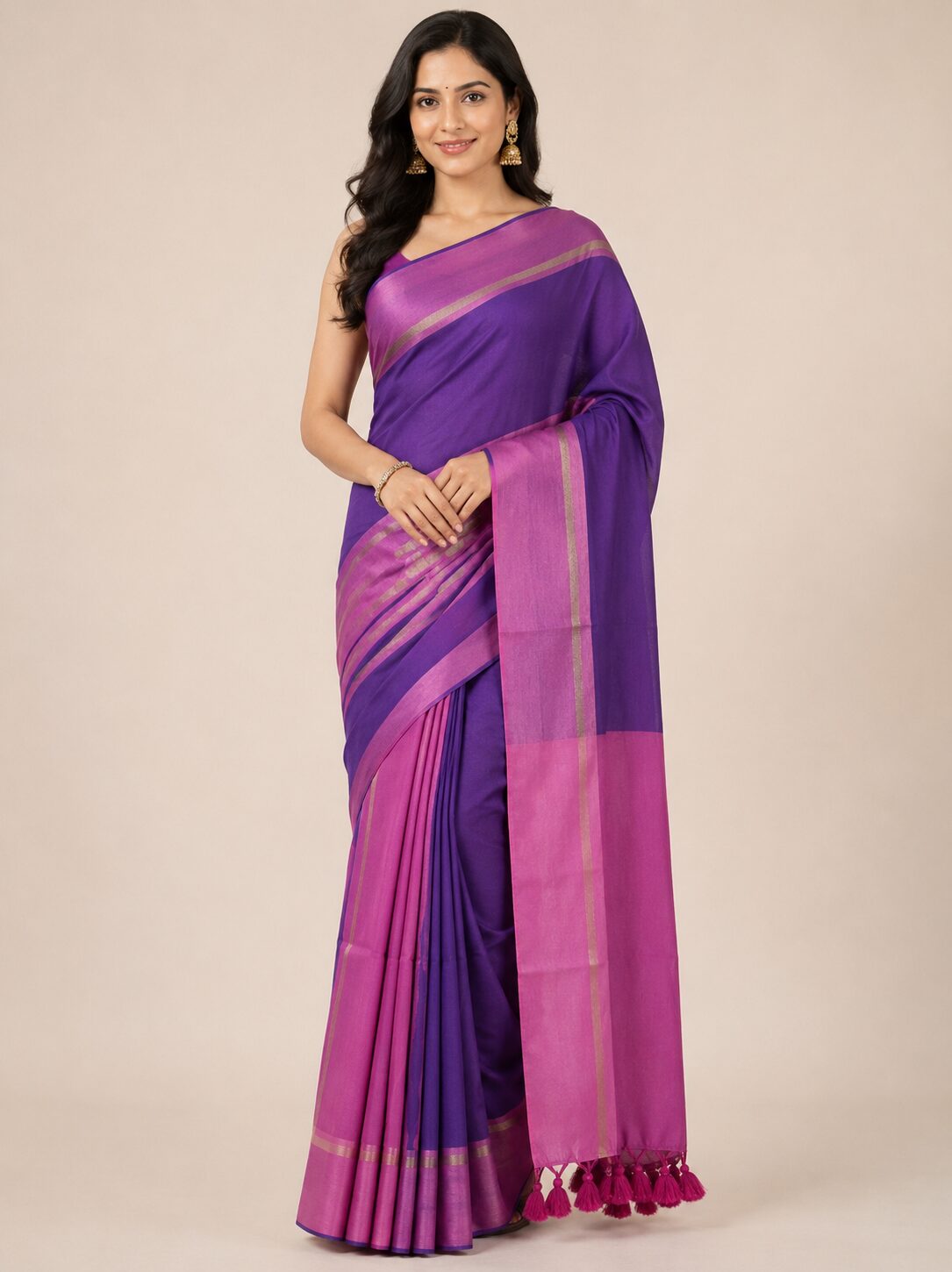 Purple Mul Cotton Saree with Striped Border & Tassel Pallu - Image 6