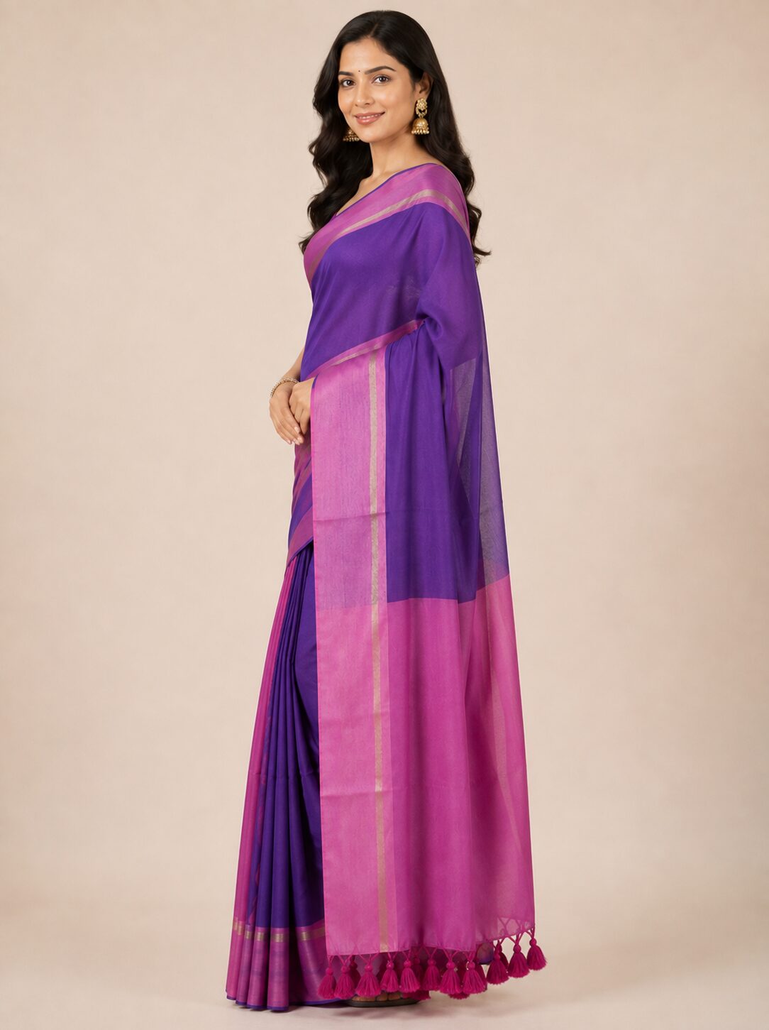 Purple Mul Cotton Saree with Striped Border & Tassel Pallu - Image 5