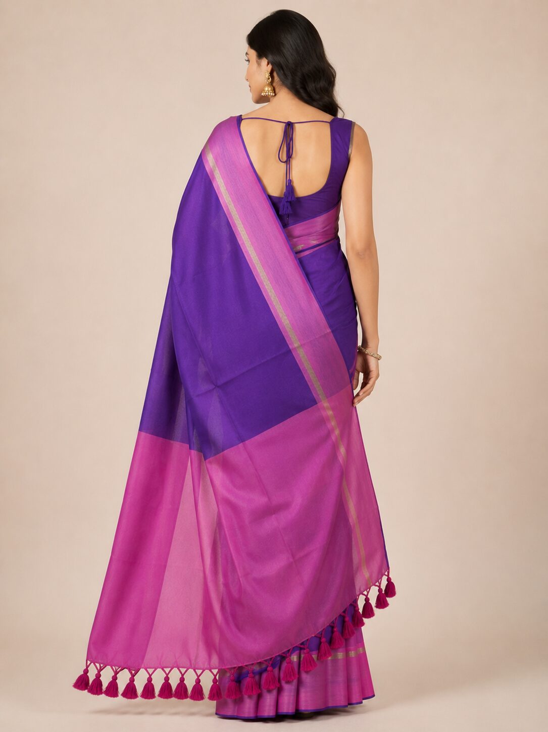 Purple Mul Cotton Saree with Striped Border & Tassel Pallu - Image 4