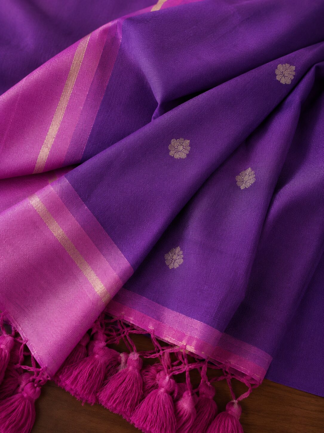 Purple Mul Cotton Saree with Striped Border & Tassel Pallu - Image 3