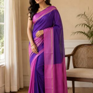 Purple Mul Cotton Saree with Striped Border & Tassel Pallu