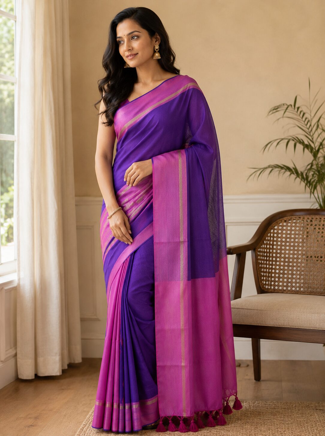Purple Mul Cotton Saree with Striped Border & Tassel Pallu