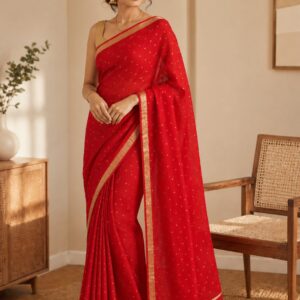 Red Mul Cotton Saree with Gold Buti Motifs & Tassel Pallu
