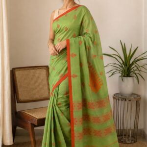 Green Mul Cotton Saree with Buti Motifs & Tassel Pallu