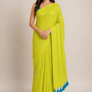 Lime Green Mul Cotton Saree with Turquoise Tassel Pallu