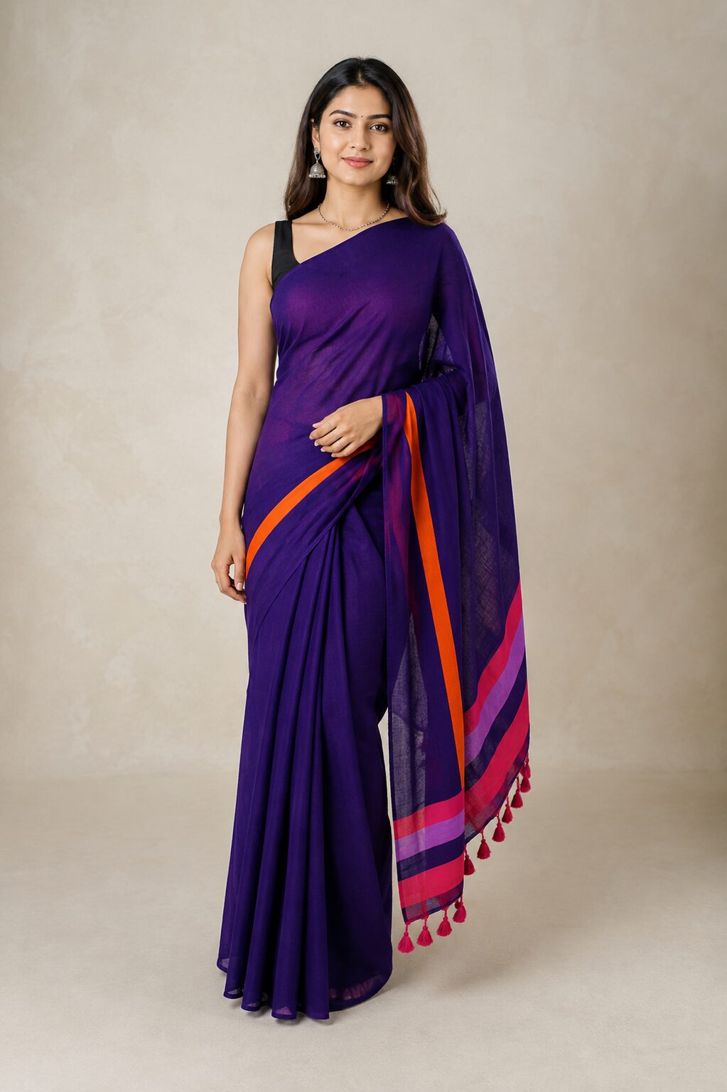 Purple Mul Cotton Saree with Buti Motifs & Tassel Pallu - Image 6