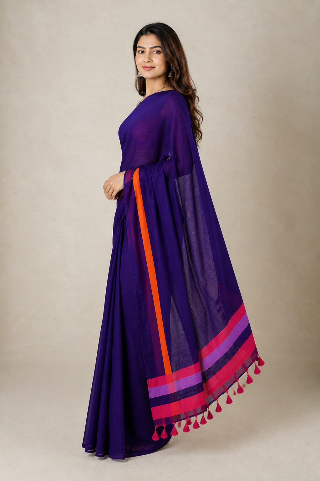 Purple Mul Cotton Saree with Buti Motifs & Tassel Pallu - Image 5