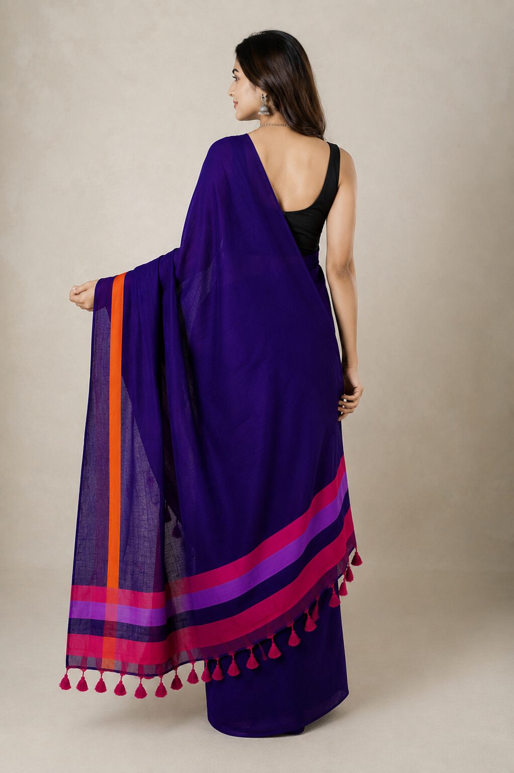 Purple Mul Cotton Saree with Buti Motifs & Tassel Pallu - Image 4