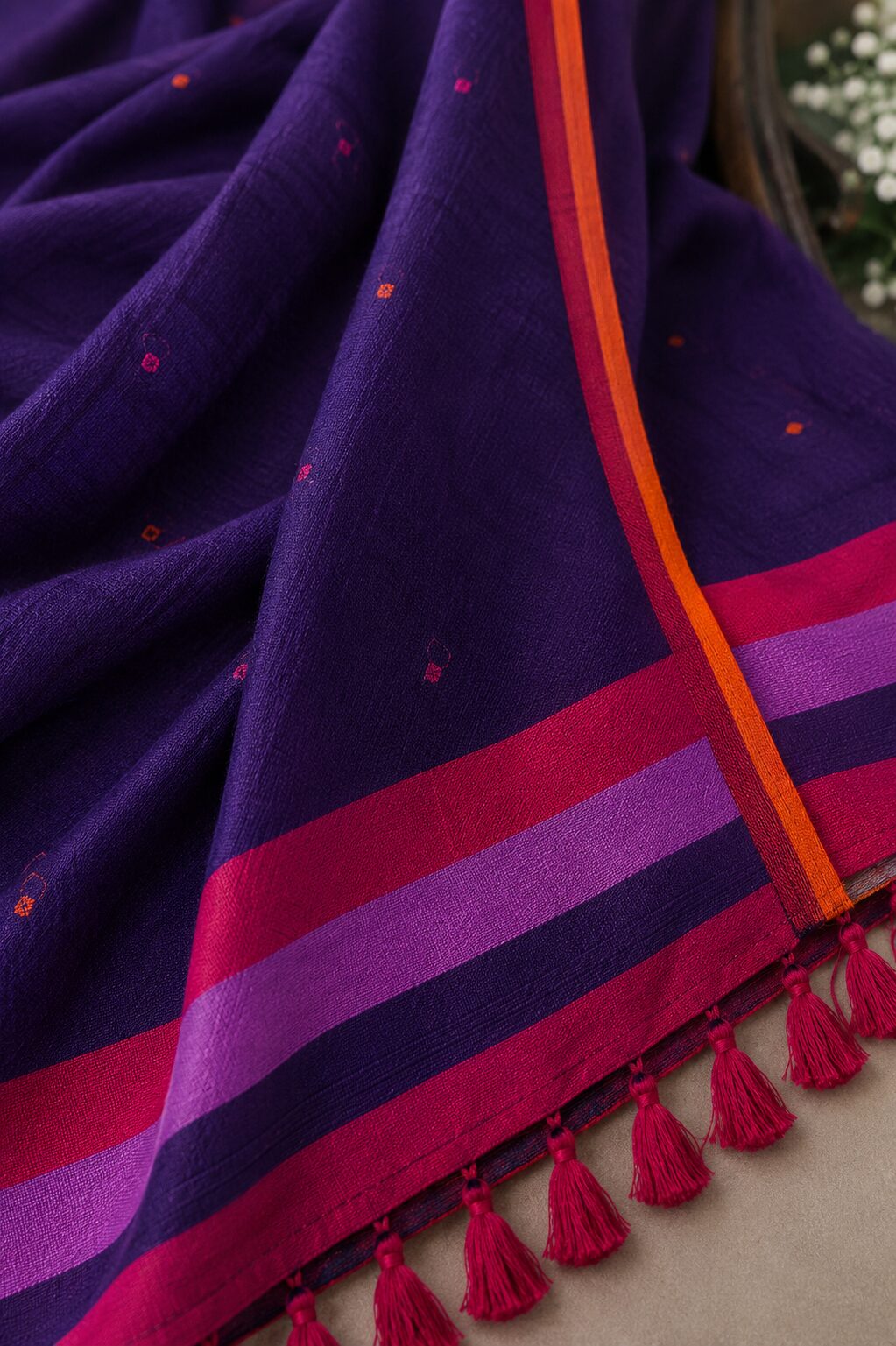 Purple Mul Cotton Saree with Buti Motifs & Tassel Pallu - Image 3