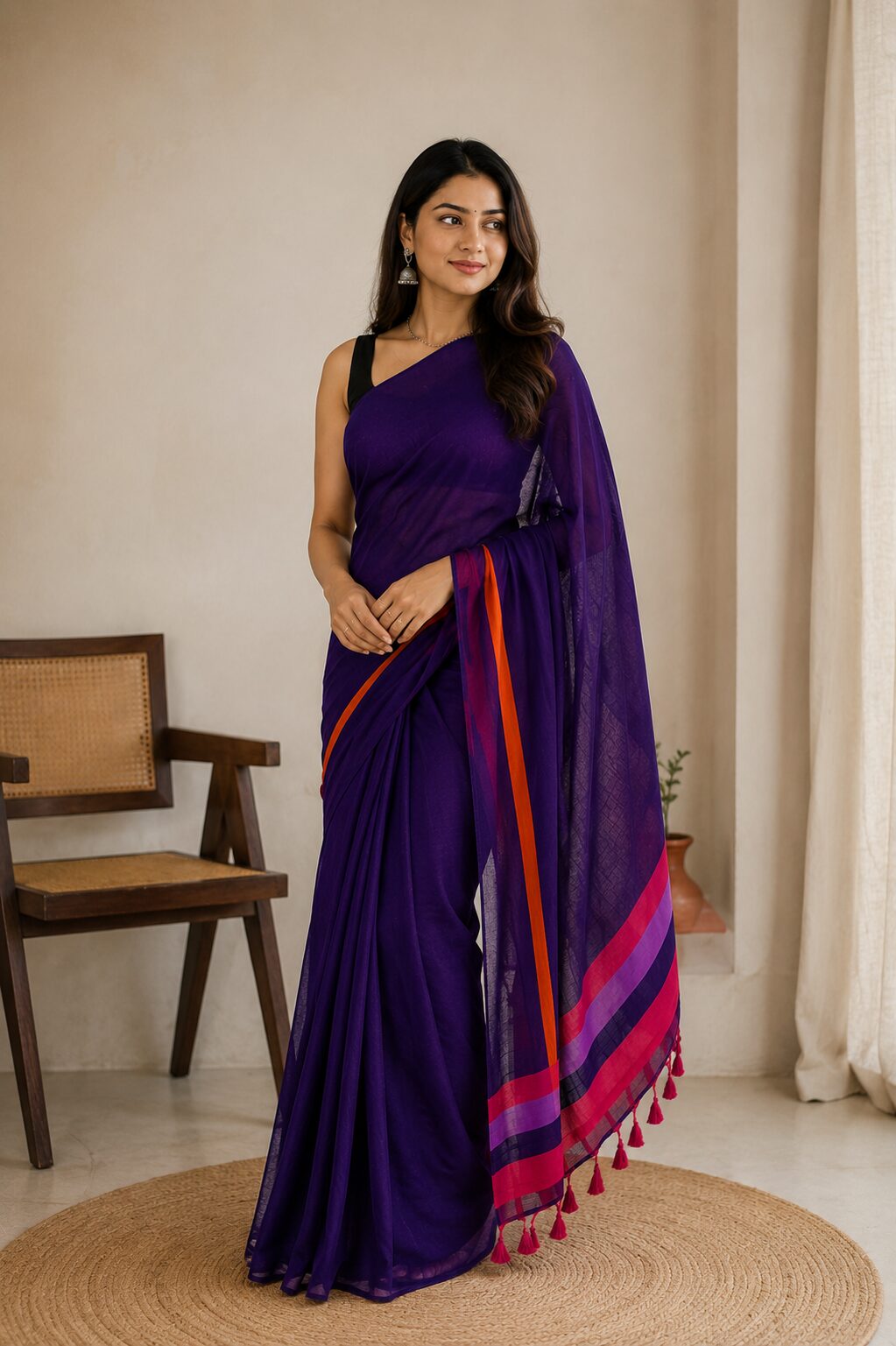 Purple Mul Cotton Saree with Buti Motifs & Tassel Pallu
