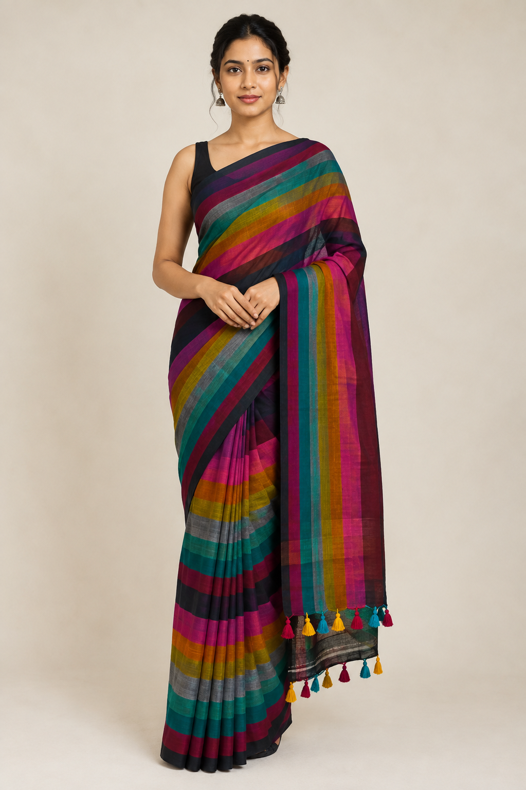Black Mul Cotton Saree with Multicolour Stripes & Tassel Pallu - Image 6