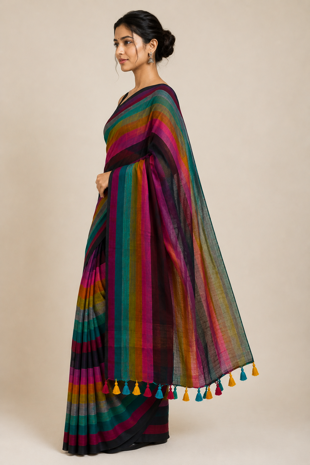 Black Mul Cotton Saree with Multicolour Stripes & Tassel Pallu - Image 5