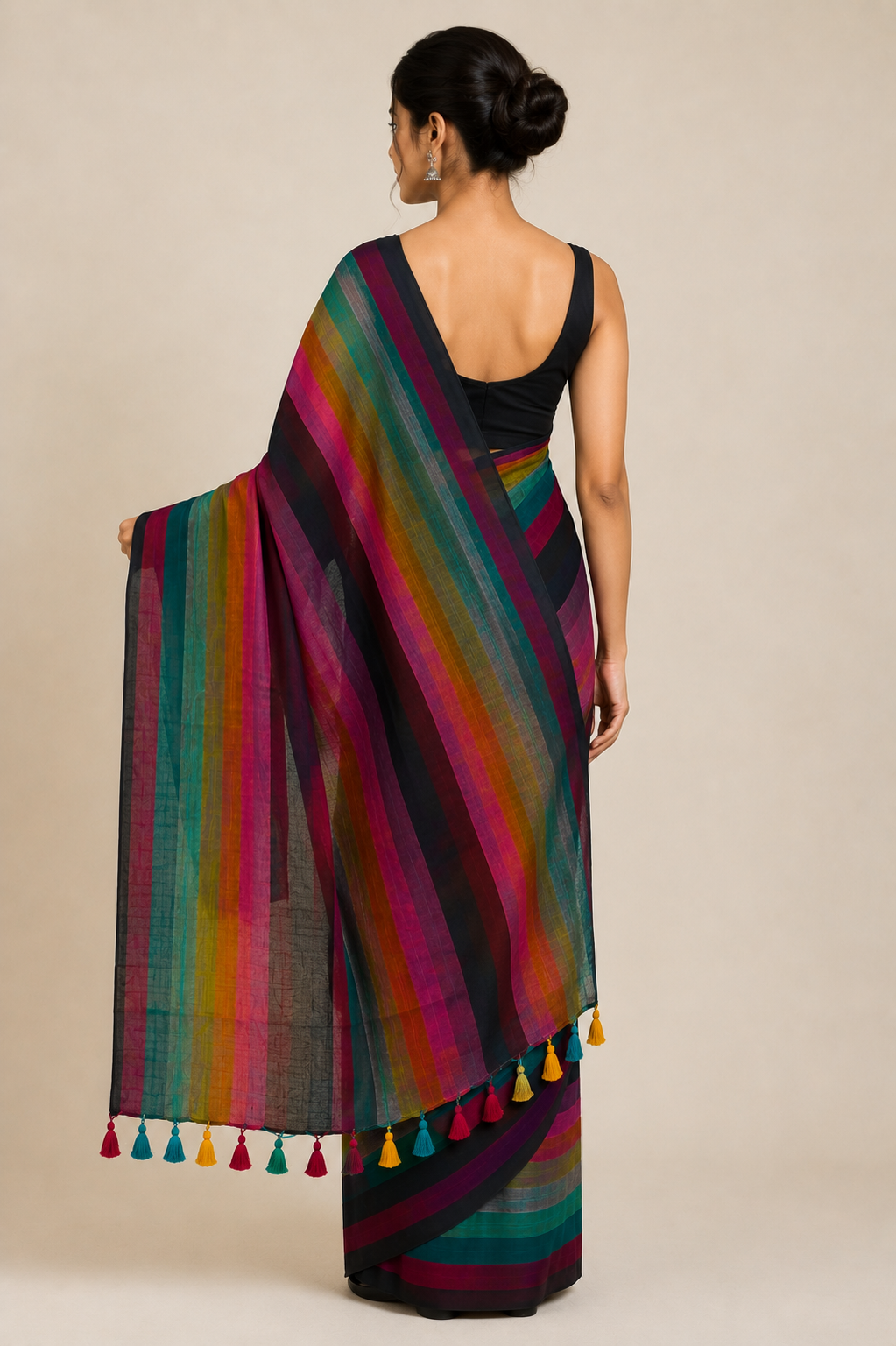 Black Mul Cotton Saree with Multicolour Stripes & Tassel Pallu - Image 4
