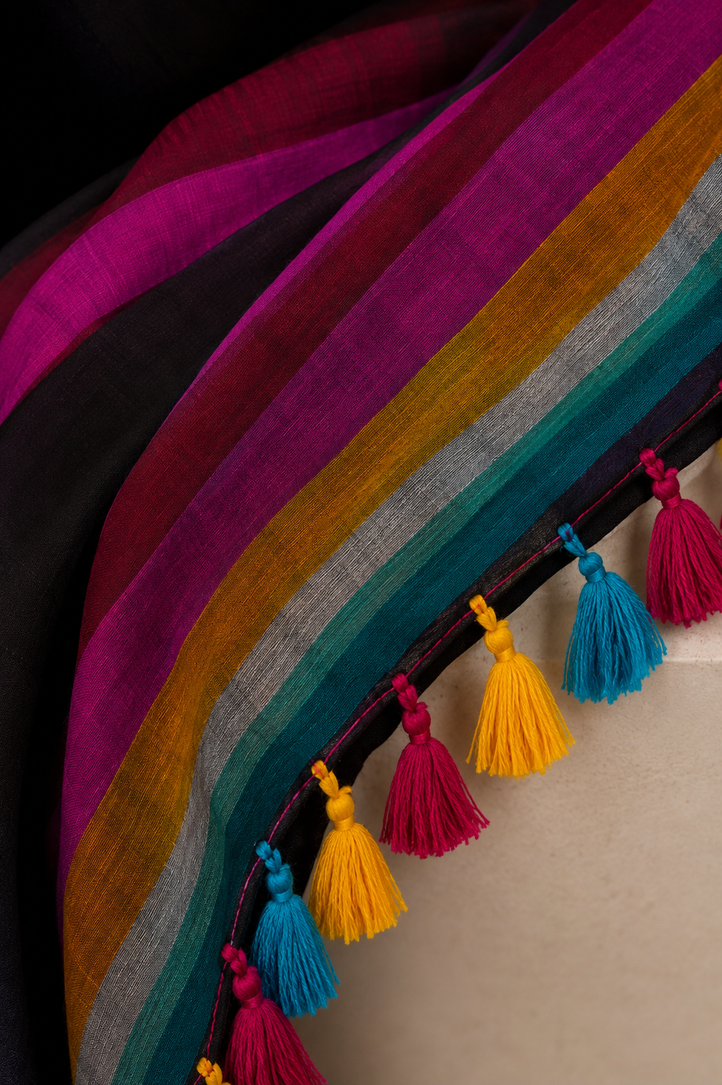 Black Mul Cotton Saree with Multicolour Stripes & Tassel Pallu - Image 3