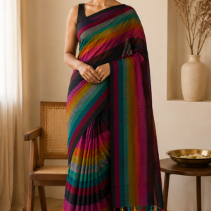 Black Mul Cotton Saree with Multicolour Stripes & Tassel Pallu