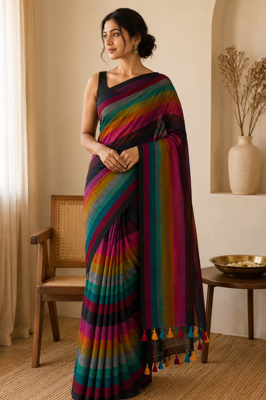 Black Mul Cotton Saree with Multicolour Stripes & Tassel Pallu