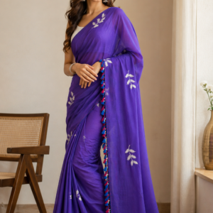 Purple Mul Cotton Saree with Leaf Butis & Tassel Pallu