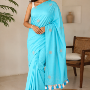 Aqua Mul Cotton Saree with Geometric Buti Motifs & Tassel Pallu